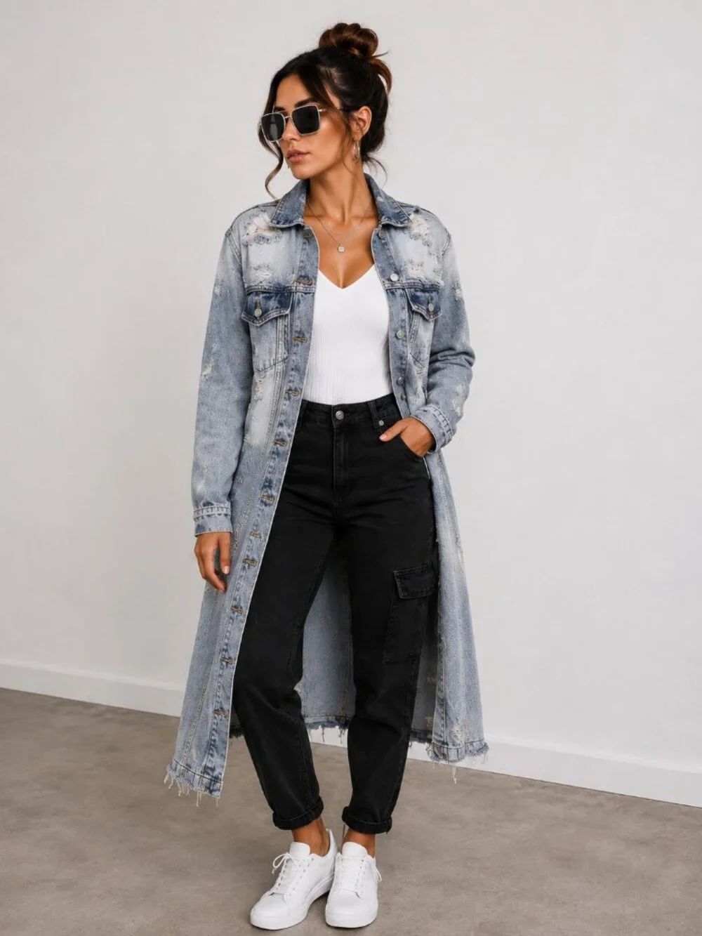 Light Wash Distressed Longline Denim Jacket Oversized Jean Jacket NWT